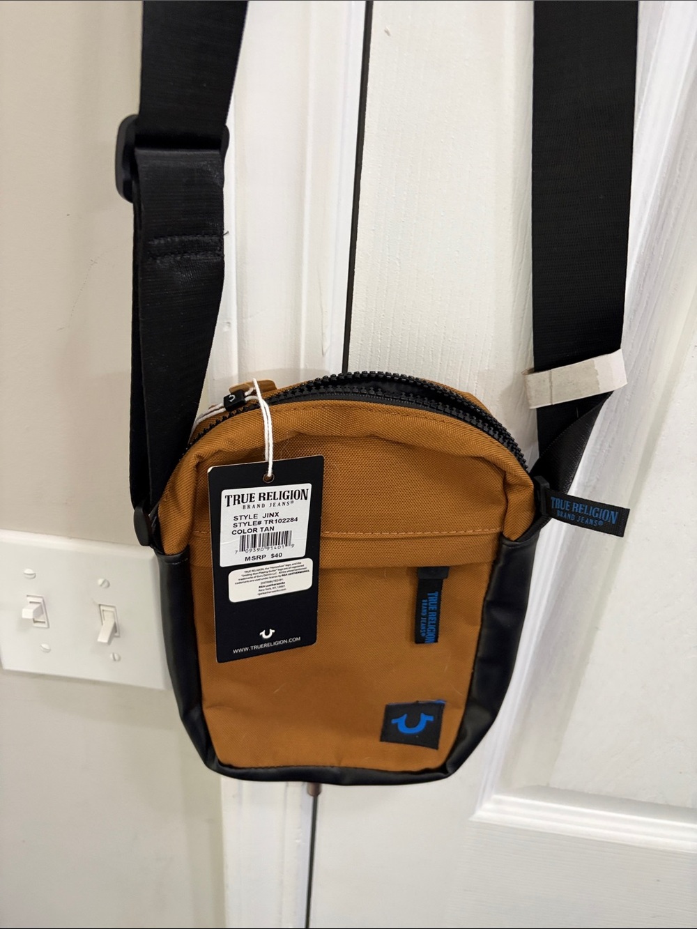 True Religion Brown Tan Crossbody Sling with Black Trim